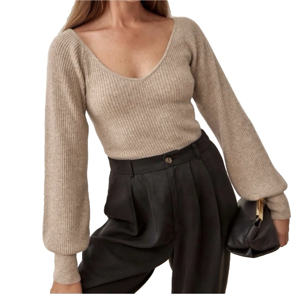 Reformation Beige V-Neck Ribbed Sweater